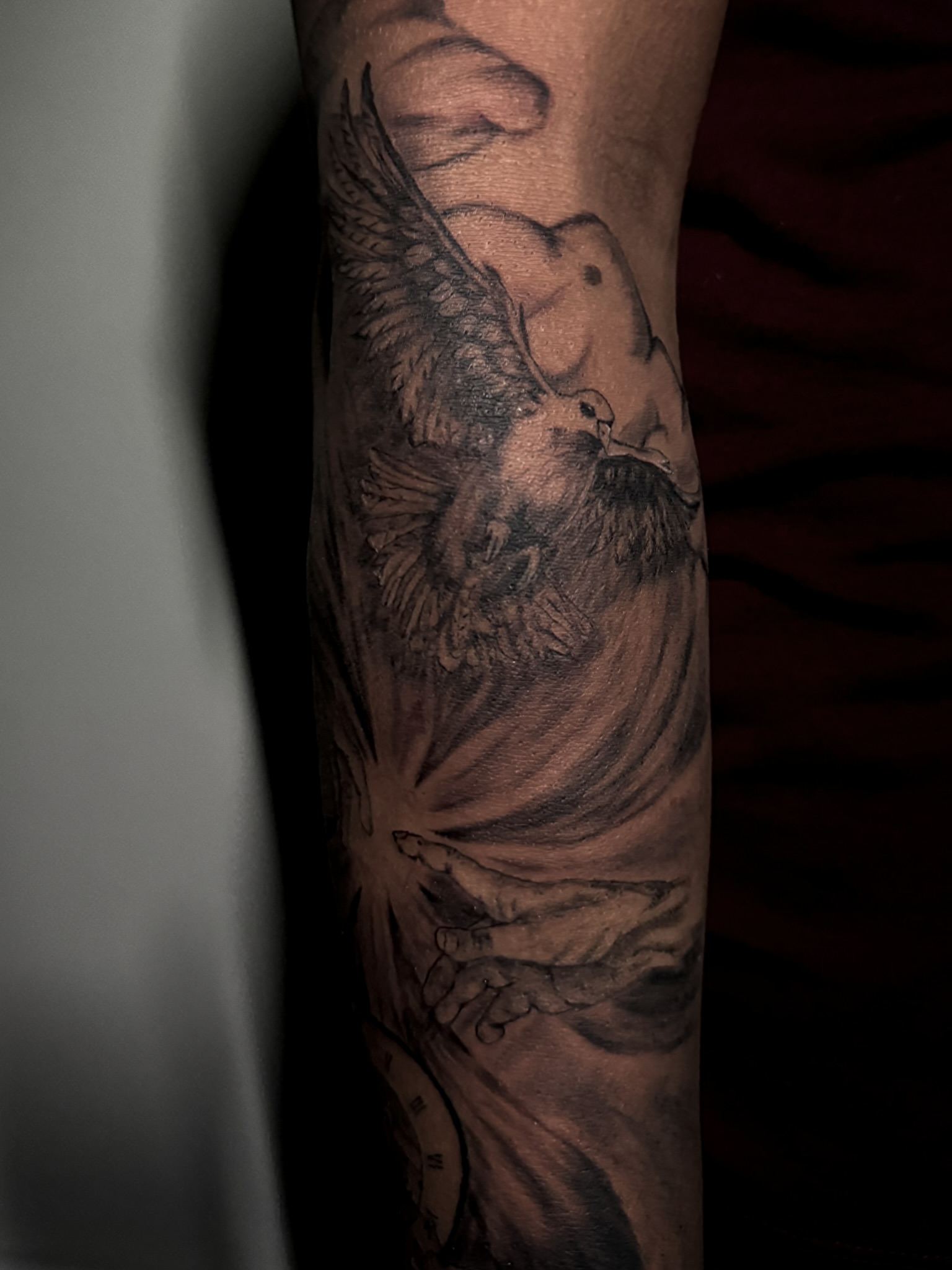 Narrative composition of birds in motion along the arm
